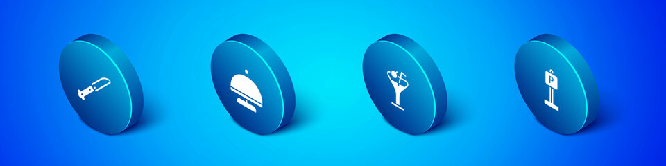 Set Isometric Knife, Martini glass, Parking and Covered with tray icon. Vector