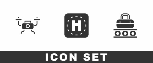 Set Drone flying, Helicopter landing pad and Conveyor belt with suitcase icon. Vector