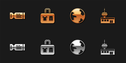 Set Airline ticket, Suitcase, Worldwide and Airport control tower icon. Vector