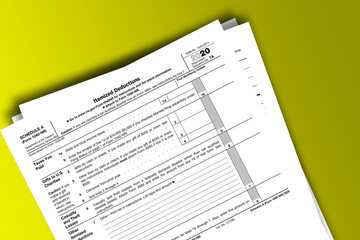 Form 1040-NR (Schedule A) documentation published IRS USA 44501. American tax document on colored