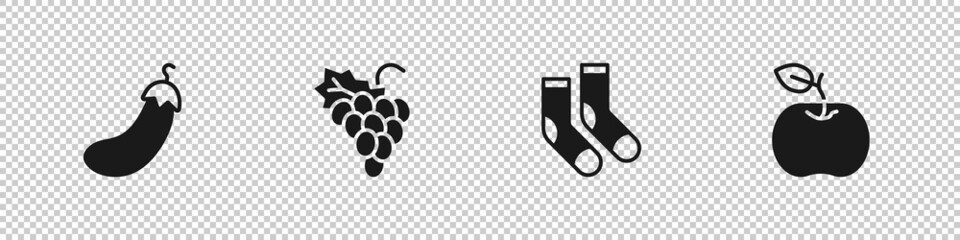 Set Eggplant, Grape fruit, Socks and Apple icon. Vector