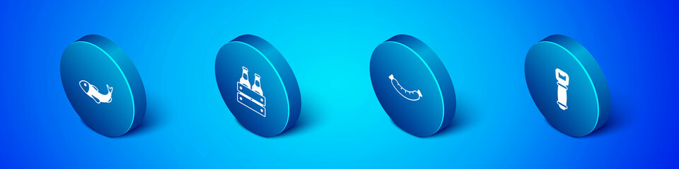 Set Isometric Dried fish, Sausage, Bottle opener and Pack of beer bottles icon. Vector