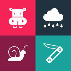 Set pop art Swiss army knife, Snail, Cloud with rain and Hippo or Hippopotamus icon. Vector