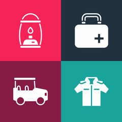 Set pop art Shirt, Safari car, First aid kit and Camping lantern icon. Vector