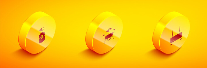Set Isometric Wireless computer mouse, Smart drone system and Router and wi-fi signal icon. Vector