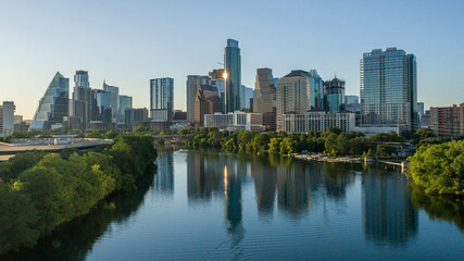 Austin Texas Skyline 2022 Dusk with Colorado River Lady Bird Lake - obrazy, fototapety, plakaty