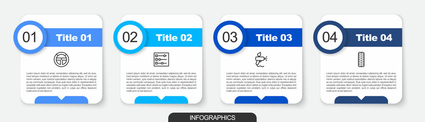 Set line Steering wheel, Car settings, Paint spray gun and tire. Business infographic template. Vector