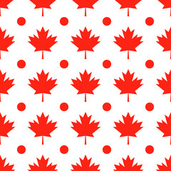 Red maple leaves on white background Canadian seamless pattern. Canada Day background. Vector template for Canadian holiday party invitation, greeting card, flyer, fabric, textile, etc