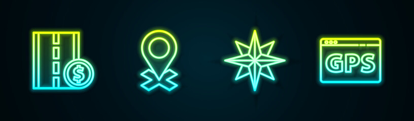 Set line Toll road traffic sign, Location, Wind rose and Gps device with map. Glowing neon icon. Vector