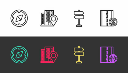 Set line Compass, Location with house, Road traffic sign and Toll road on black and white. Vector