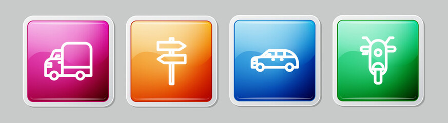 Set line Delivery cargo truck, Road traffic signpost, Hatchback and Scooter. Colorful square button. Vector
