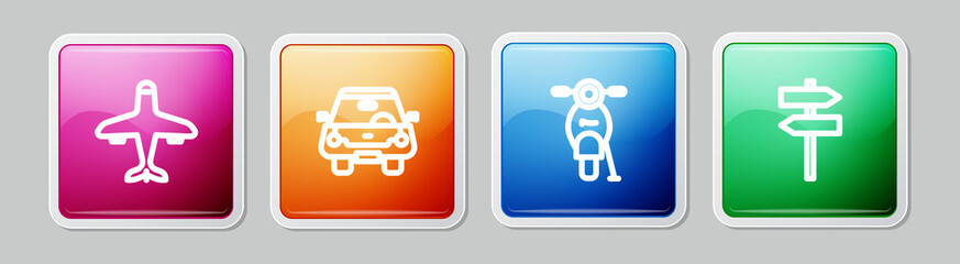 Set line Plane, Car, Scooter and Road traffic signpost. Colorful square button. Vector