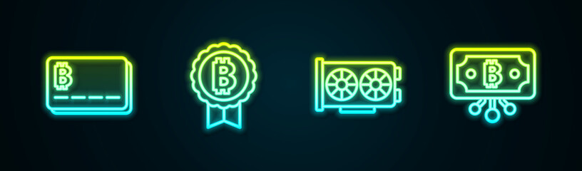 Set line Credit card with bitcoin, Bitcoin, Video graphic and circuit. Glowing neon icon. Vector