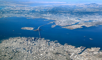 Aerial View of San Francisco looking east over the bay towards Oakland, Berkeley and Alameda Island