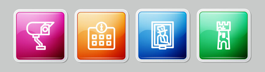 Set line Security camera, Information, Portrait in museum and Castle tower. Colorful square button. Vector