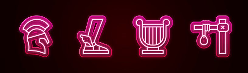 Set line Greek helmet, Hermes sandal, Ancient lyre and Gallows. Glowing neon icon. Vector