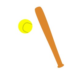 Vector illustration of wooden baseball bat and yellow ball. Isolated on a white background. Great for sports logos. Flat icon.