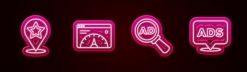 Set line Map pointer with star, Website statistic, Advertising and . Glowing neon icon. Vector