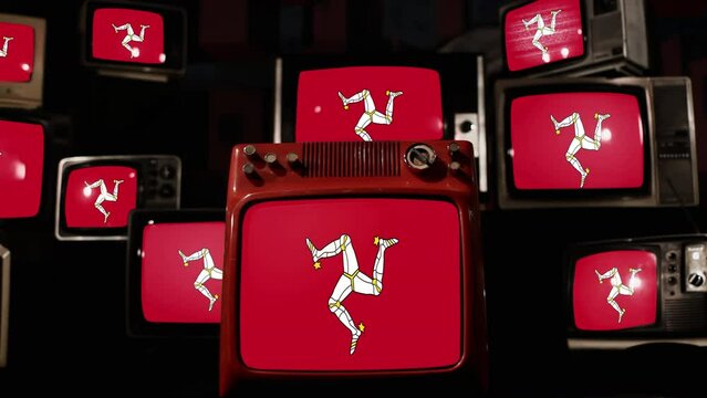 Flag of the Isle of Man and Vintage Televisions. 4K Resolution.