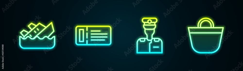 Sticker Set line Sinking cruise ship, Cruise ticket, Captain of and Beach bag. Glowing neon icon. Vector