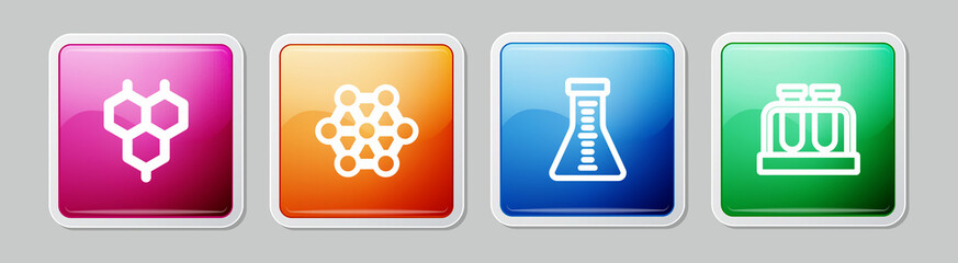 Set line Chemical formula, Molecule, Test tube and flask and . Colorful square button. Vector