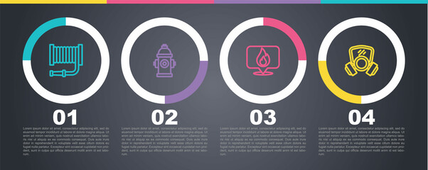 Set line Fire hose reel, hydrant, Location with fire flame and Gas mask. Business infographic template. Vector