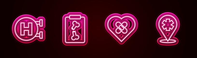 Set line Hospital signboard, X-ray shots, Healed broken heart and Location with cross hospital. Glowing neon icon. Vector