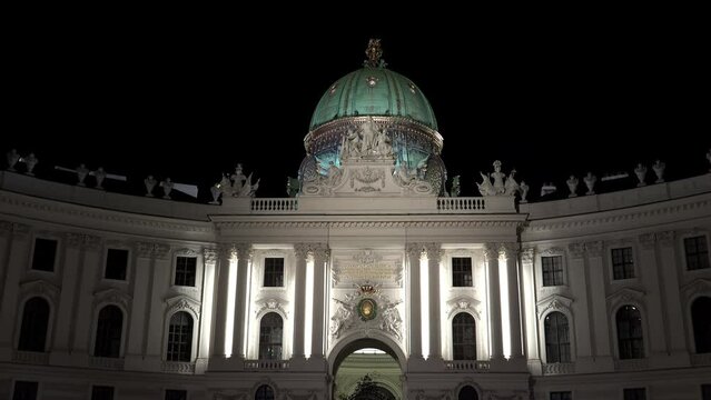 Dome of the Imperial Palace Hofburg. Night. Vienna. Austria. 4K.