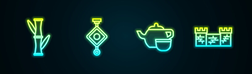 Set line Bamboo, Chinese paper lantern, tea ceremony and Great wall of China. Glowing neon icon. Vector