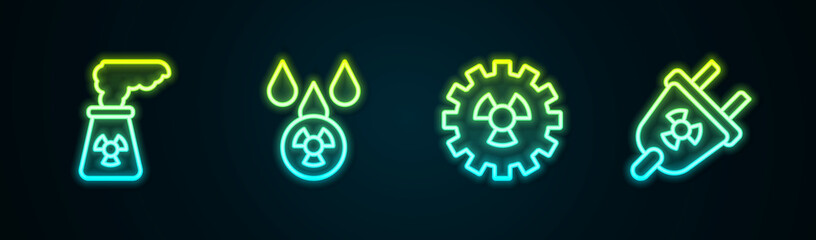 Set line Nuclear power plant, Acid rain and radioactive cloud, Radioactive and Radiation electrical plug. Glowing neon icon. Vector