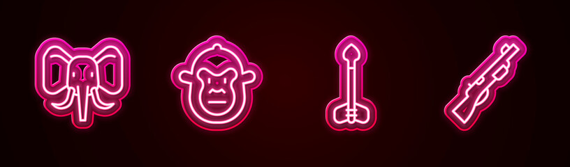 Set line Elephant, Monkey, Arrow and Hunting gun. Glowing neon icon. Vector