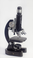 Fototapeta na wymiar old analog microscope, mirror on white background with copy space