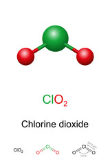 Chlorine dioxide, ball-and-stick model, molecular and chemical formula. Chemical compound with formula ClO2, known as Chlorine(IV) oxide. Used as a bleach and for disinfection (chlorination) of water.