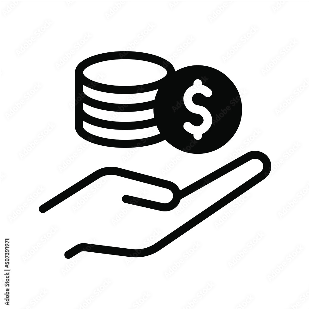 Wall mural save money icon, salary money, invest finance, hand holding dollar, line symbol on white background.