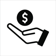 save money icon, salary money, invest finance, hand holding dollar, line symbol on white background.