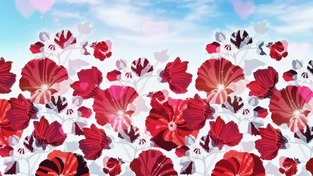 Pretty red flower background with starbursts, rain of pink hearts. Mother's day background, love concept