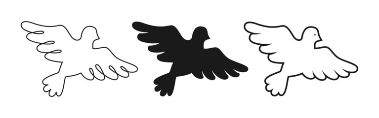 Peace symbol dove silhouette stamp, doodle outline set. Flying bird pigeon sign, pure holy dove icon. Freedom, Christian, humanity emblem peaceful no war concept. Isolated minimal logo design elements