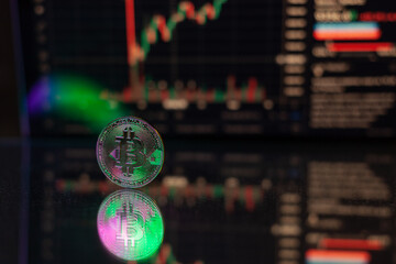 bitcoin in front of screen with stock market charts neon light