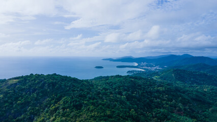 aerial view, drone, black rock viewpoint sunset viewpoint phuket thailand during the rainy season