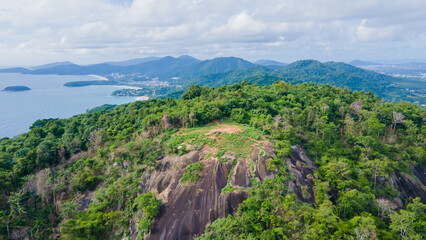 Fototapeta na wymiar aerial view, drone, black rock viewpoint sunset viewpoint phuket thailand during the rainy season