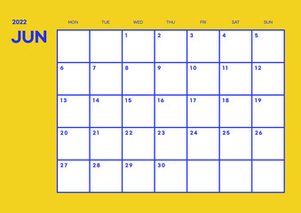 June 2022 cute design digital and printable calendar template illustration. Notes, scheduler, diary, calendar, memo, planner document template background. 