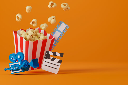 3d rendering popcorn, clapperboard, film strip and movie camera on orange background with copy space for text or message.