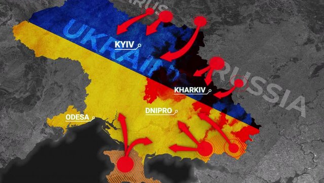 Ukraine map invasion attack war Animated map of Russia invasion of Ukraine, the movement of troops. as of February 24, 2022, UHD 4K 3D Renderd