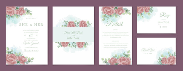 Fototapeta na wymiar Wedding invitation card template set with watercolor and floral decoration. Flowers illustration for save the date, greeting, poster, and cover design Abstract Background.