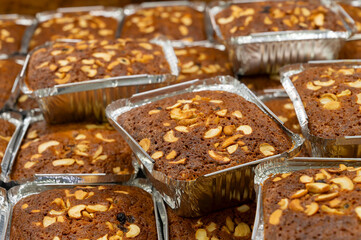 Plain plum Cakes are being sold at Nahoum and Sons, New Market area. Very famous and more than 100 years old cake shop in Kolkata, West Bengal, India. Cakes are considered as heritage of Kolkata.