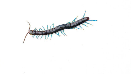 Blue legged centipede isolated on white background. Halloween decoration concept. 