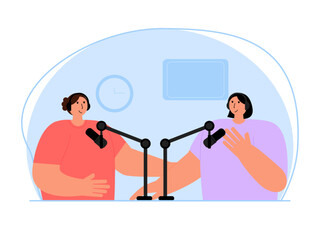 Communication two women in the podcast. Podcasts are places for interviews with someone. Ai vector illustration	