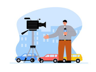 A reporter gives live news about the situation on urban streets. Several cars are seen in a traffic jam. Ai vector illustration	