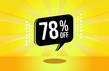 78% off. Yellow banner with seventy eight percent discount on a black balloon for mega big sales.