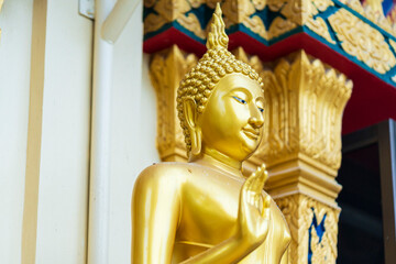 Fototapeta premium Buddha statue in front of the church. Golden Buddha standing in front of Buddhist church in Thailand.